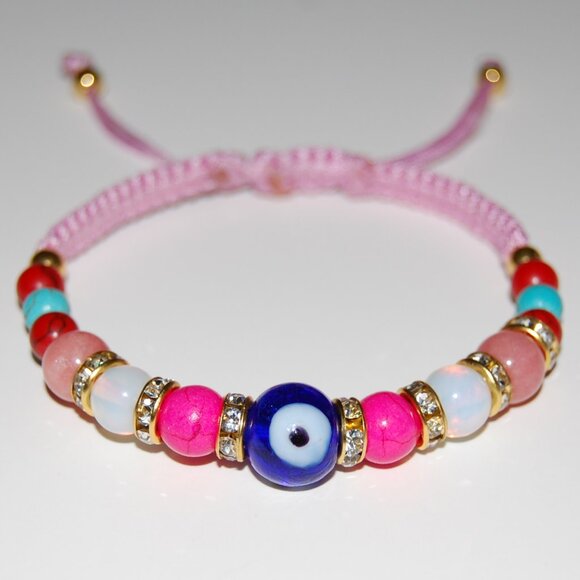 Evil Eye Bracelet,Multi Gemstones Bracelet,Hamsa Bracelet,Drawstring Bracelet - Picture 2 of 3